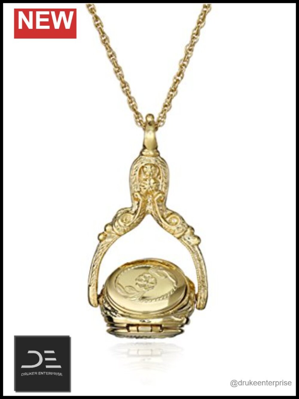 Gold Tone Vintage Locket Pendant Necklace with Spinner